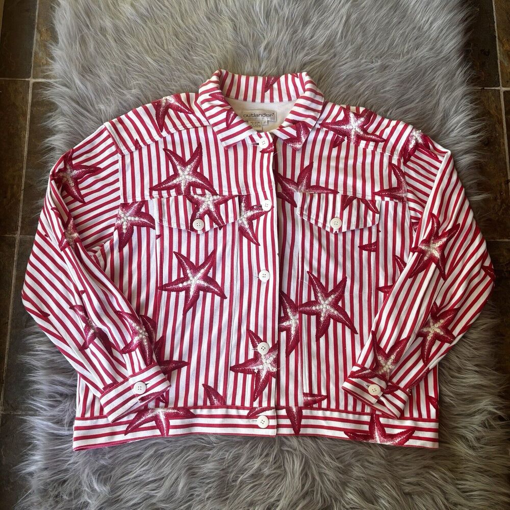 Vintage Outlander Plus Size 1x Women Button Up Top Jacket Red White Starfish